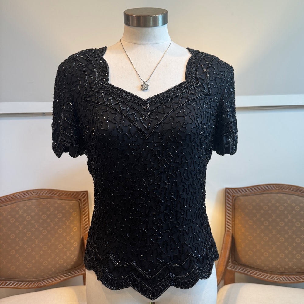 Vintage 80s Black Beaded Sequin Flutter Sleeve Silk Blouse, Glam Whimsigoth Core